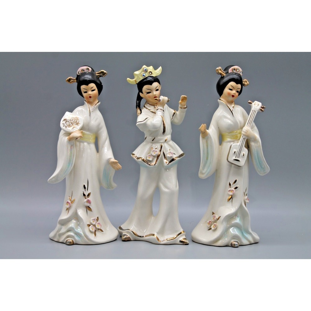 Vintage Japanese Geisha Figurines Trio 9" Hand Painted Porcelain 1950s 7034
